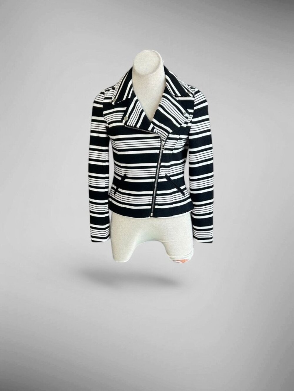 Bagatelle Moto Blazer Black and White Striped Asymmetrical Zip Size Small